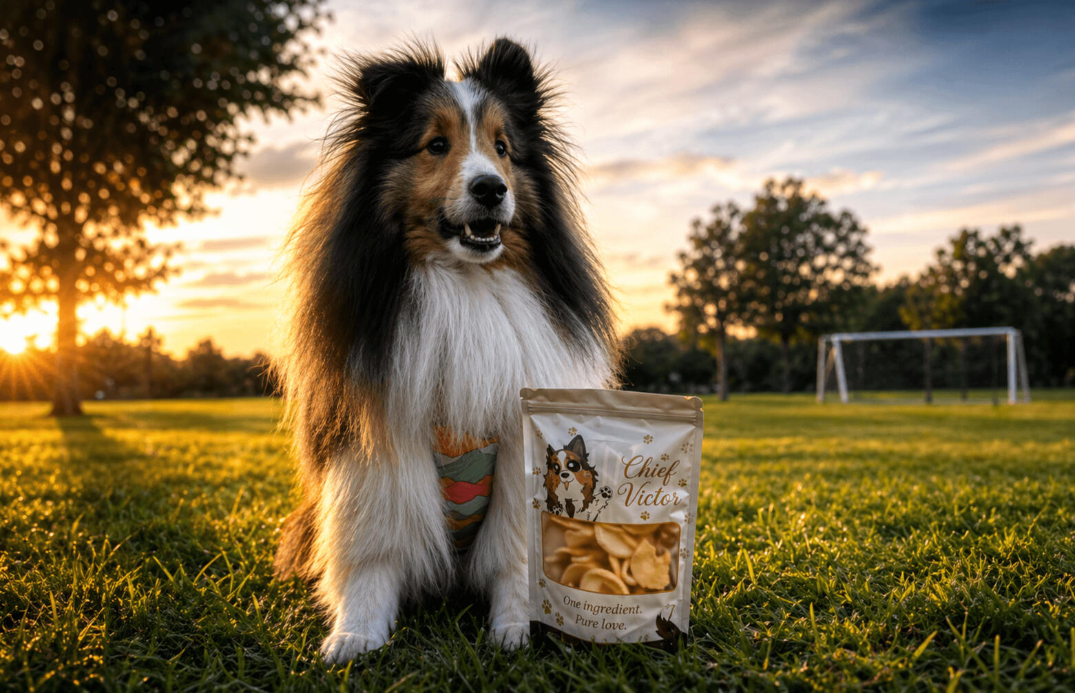 Sheltie dog with Chief Victor freeze-dried treats in a park